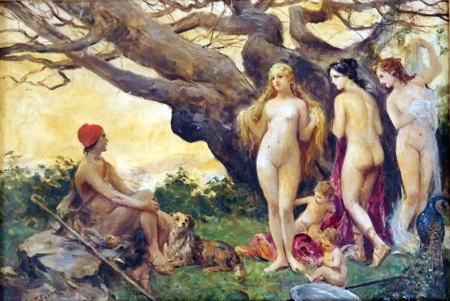 Tre nudi in un giardino con putti, un pavone, un cane e un pastore